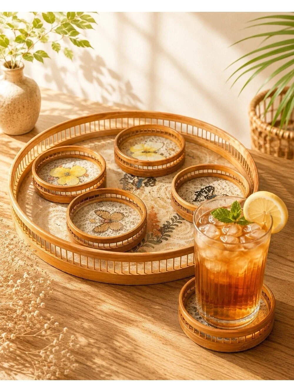 Japanese 1970s Set 5 Bamboo Pressed Butterfly Coasters & Serving Tray, 11x1.5”
